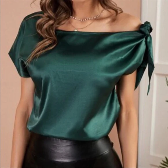 Emerald Green Neck Bow Tie Off the Shoulder Short Sleeve Silk Satin Top - Picture 2 of 8